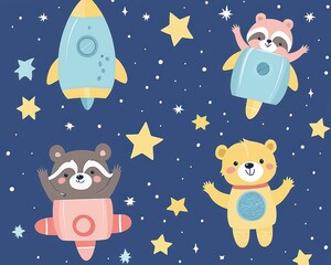 A whimsical design featuring cartoon animals in spacesuits, including a raccoon, bear, and a pink creature, set against a starry night sky.