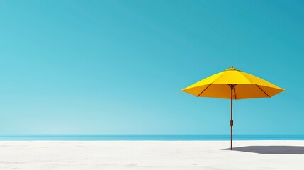 Fototapeta premium Bright yellow beach umbrella on serene sandy shore under clear blue sky near tranquil ocean in sunny day at tropical paradise