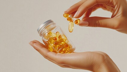 Woman's hands gently pour amber-colored capsules from a glass jar.  A healthy lifestyle choice.