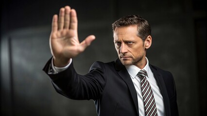 A businessman in a black suit and striped tie extending his hand forward in a firm stop gesture. 