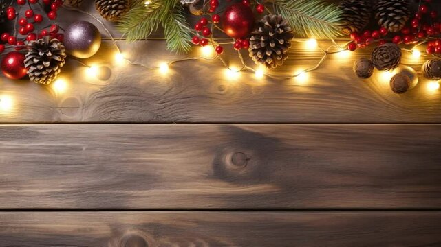 Festive cheer on wooden: A cheerful composition of Christmas ornaments, lights and pine cones set on weathered wooden surface. evoking feelings of warmth, nostalgia, and seasonal joy.