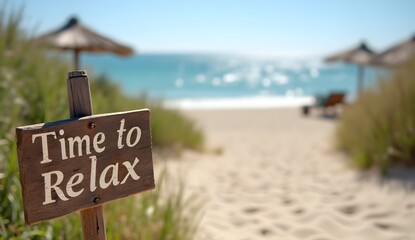 Wooden sign reading Time to Relax positioned near sandy path leading to beautiful beach