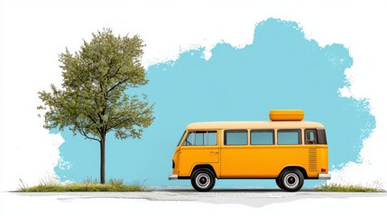 Obraz premium Vintage Yellow Bus Parked Beneath a Vibrant Tree with Blue Background Illustrating a Playful and Cheerful Scene