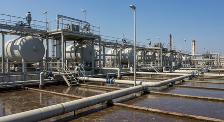 Industrial Water Treatment Facility - Modern water treatment plant with numerous tanks and pipes. Clean energy and efficient resource management