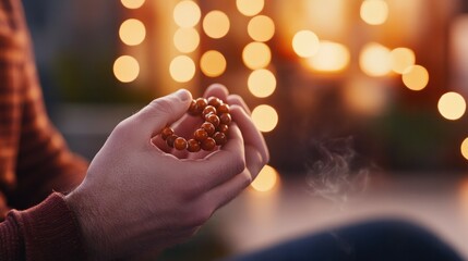 Close-up of caucasian male hands holding prayer beads with warm bokeh background.