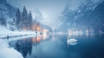 Serene Winter Wonderland: A Majestic Swan on a Tranquil Lake
