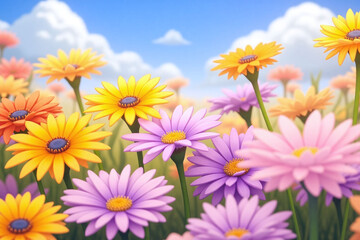 field of colorful flowers with a blue sky in the background