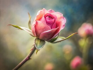 Tilt-Shift Miniature Watercolor Pink Rose Bud Blossom on Branch