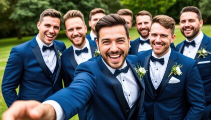 Groom and groomsmen celebration with smiling caucasian young men in blue suits outdoors.
