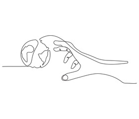 Continuous one line drawing of hand holding Earth. Single line drawing illustration of hand with Earth globe. Green energy concept vector art. Doodle line illustration.