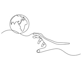 Continuous one line drawing of hand holding Earth. Single line drawing illustration of hand with Earth globe. Green energy concept vector art. Doodle line illustration.
