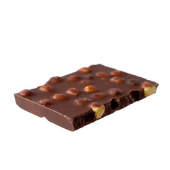 Dark chocolate with hazelnuts on white background.