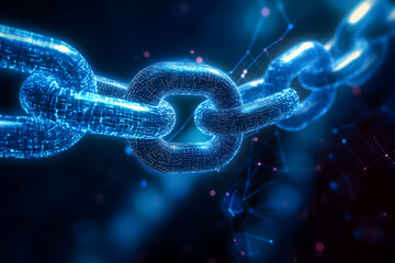 Illuminated blue chain links showcasing a digital and technical connection