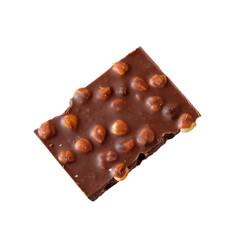 Dark chocolate with hazelnuts on white background.