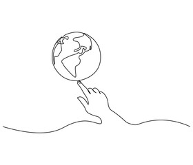 Continuous one line drawing of hand holding Earth. Single line drawing illustration of hand with Earth globe. Green energy concept vector art. Doodle line illustration.