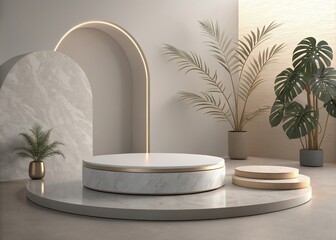 Serene minimalist display showcasing elegant marble platforms and lush tropical plants in a calming, neutral space with soft lighting.