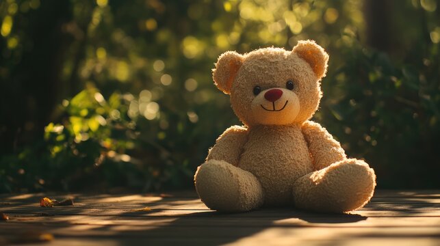 A plush teddy bear with a brown body, dark nose