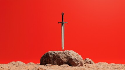 Sword on Rock in Front of Bright Red Background, Symbolizing Courage and Valor in Mythology and Adventure Literature