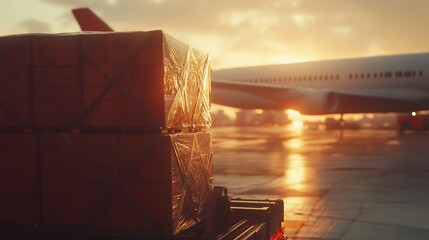 Cargo boxes loaded onto truck at airport at sunrise with airplane in background