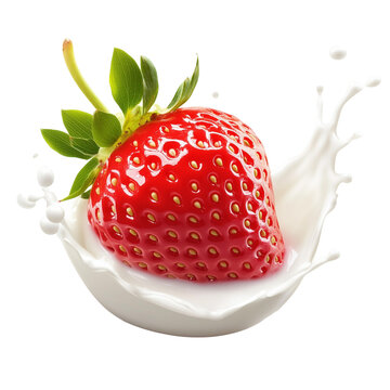 Fresh strawberry splashing into milk isolated on white and transparent background
