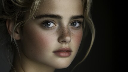 Naklejka premium A pensive young woman with freckles and light blonde hair gazes intensely, her soft skin illuminated by subtle lighting against a dark background.