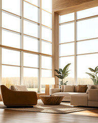 Modern living room with large windows and natural light in a cozy home