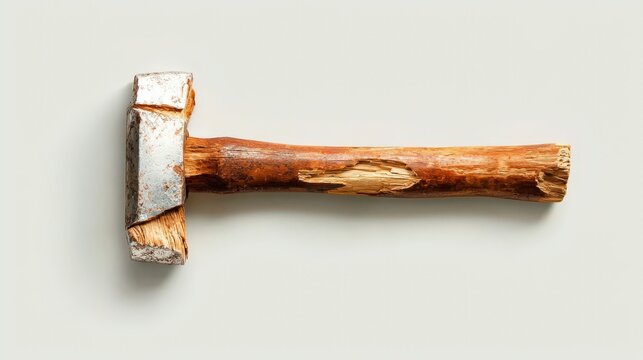 Weathered hand tool with wooden handle and worn metal head laying isolated on soft background for craftsmanship themes