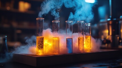 A high-energy experiment with glowing chemicals in test tubes and smoke rising from a lab experiment setup