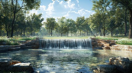 Fototapeta premium Serene Waterfall Oasis: A Tranquil Landscape