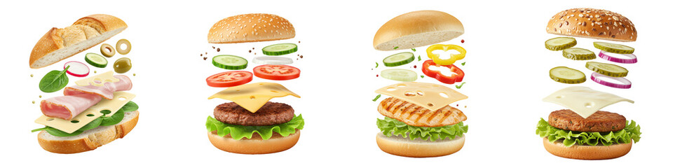 Four deconstructed sandwiches with various fillings.