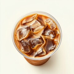 Iced coffee in a plastic cup.  A refreshing beverage with ice cubes