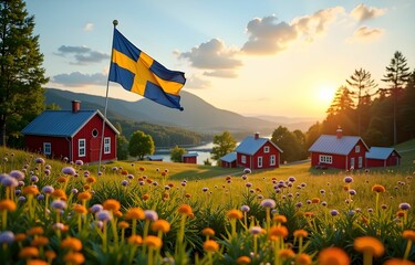 Cozy Swedish Summer Village with Waving Swedish Flag, poster for National Day of Sweden