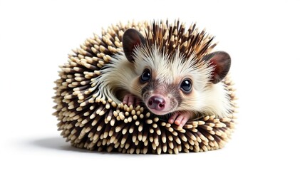 Obraz premium Tiny hedgehog, curled in a ball, isolated on pure white background, background, photography