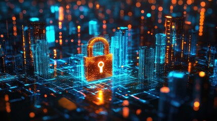 A digital futuristic representation of cybersecurity showcasing a black padlock at the center