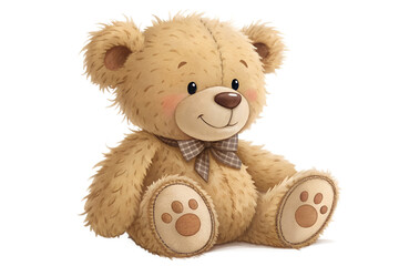 Obraz premium A fluffy, plush teddy bear with a warm, friendly smile and soft fur. The bear is in a sitting position with round ears, a cute button nose, and stitched paws. Its light brown fur is textured, making i