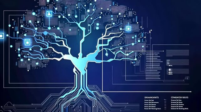 The concept of futuristic technology. Information about digital media. A tree of technological lines on a blue background. Generative 4k video.