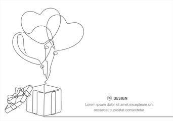Hearts balloons with gift box. Black and white vector minimalism vector illustration of love concept. Continuous one line drawing.
