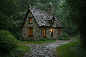 Fototapeta premium Charming stone cottage nestled in the woods at dusk with warm lights glowing from the windows and a cobblestone path winding through lush greenery