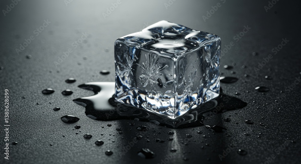 Poster melting ice cube on dark surface - a single ice cube melts on a dark surface, leaving a puddle of wa