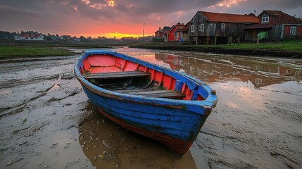 Fototapeta premium Sunset Serenity: A Colorful Rowboat at Low Tide