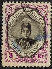 PERSIA - CIRCCA 1922: Cancelled postage stamp printed by Persia, that shows Ahmad Shah Qajar in an ornament frame, circa 1922.