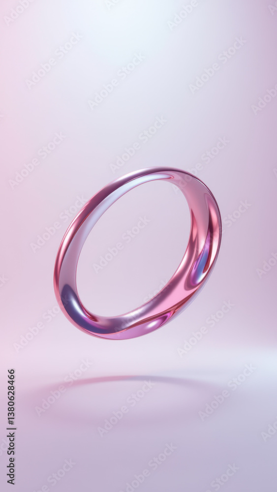 Poster a single shiny pink ring with a curved design on a clean surface against a gradient background.