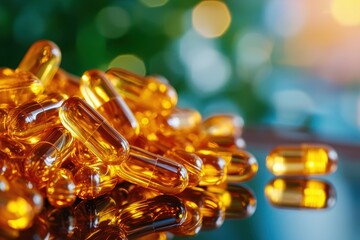 Capsule vitamin on reflection surface concept. Golden capsules reflecting light on a surface, creating a vibrant and captivating image.