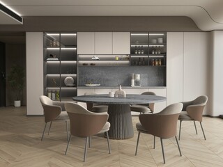 Luxury House. Lavish Kitchen interior with dinning space, wooden textured marble flooring, wooden furniture, mat gray kitchen countertop, circular dining table with chairs. 3D Rendering. Mockup © Jenish