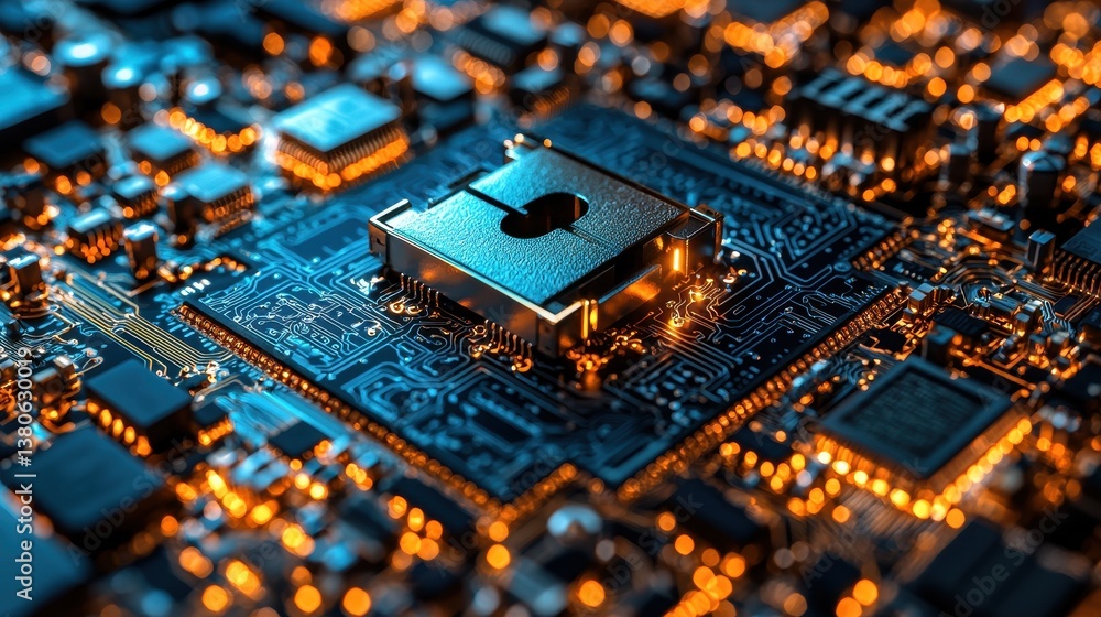 Poster close-up view of a modern microchip on a detailed circuit board