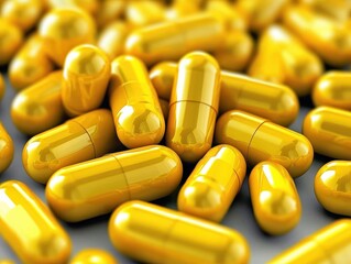 Capsule vitamin on reflection surface concept. Glossy yellow capsules scattered on a surface, showcasing their vibrant color and shape.