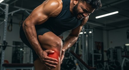 Muscle Pain and Injury in the Gym - A muscular man experiences intense leg pain during a workout, clutching his injured knee in the gym