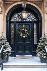 A charming neighborhood exudes holiday spirit with a festive winter entrance beautifully embellished with lush greenery and sparkling snow, creating a magical atmosphere