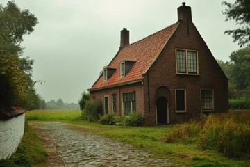 Charming brick house nestled in a lush green landscape on a cloudy day, showcasing traditional architecture amid tranquil rural surroundings