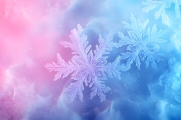 Close up of snowflakes on a pink and blue gradient background with soft focus and bokeh effect